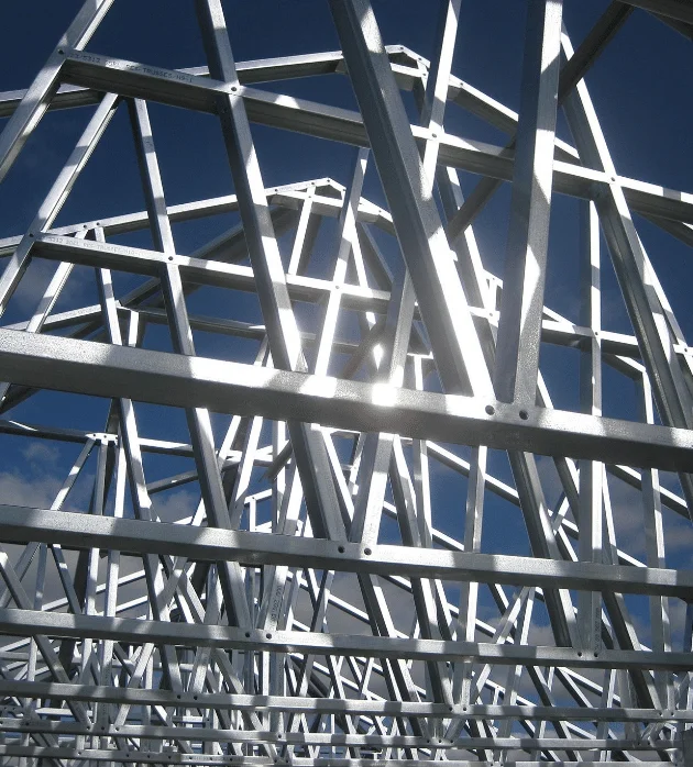 Close-up of galvanized steel roof trusses for Texas barndo