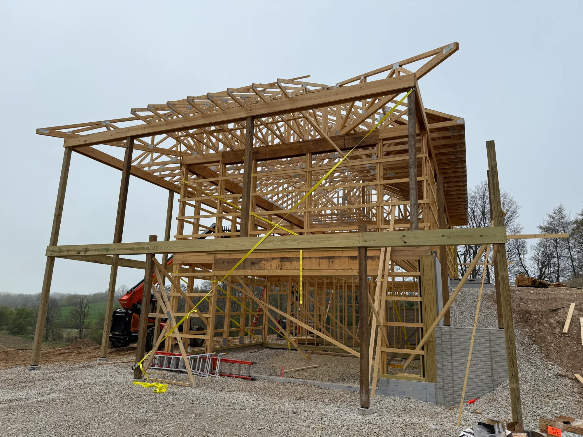 Two-story wood frame barndo with trusses in Texas